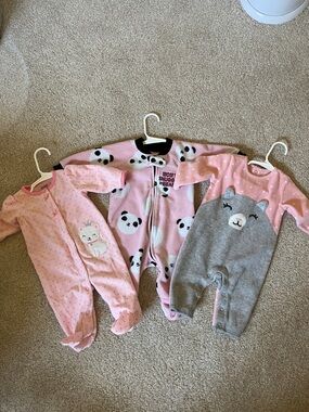 Lot of 3 Baby Girl Fleece One-Piece Footed Pajamas, 0-3M